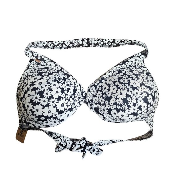 Pink By Victoria Push Up Halter Tie Bikini Swim Top L-DD Floral Black White NWT - Picture 9 of 10